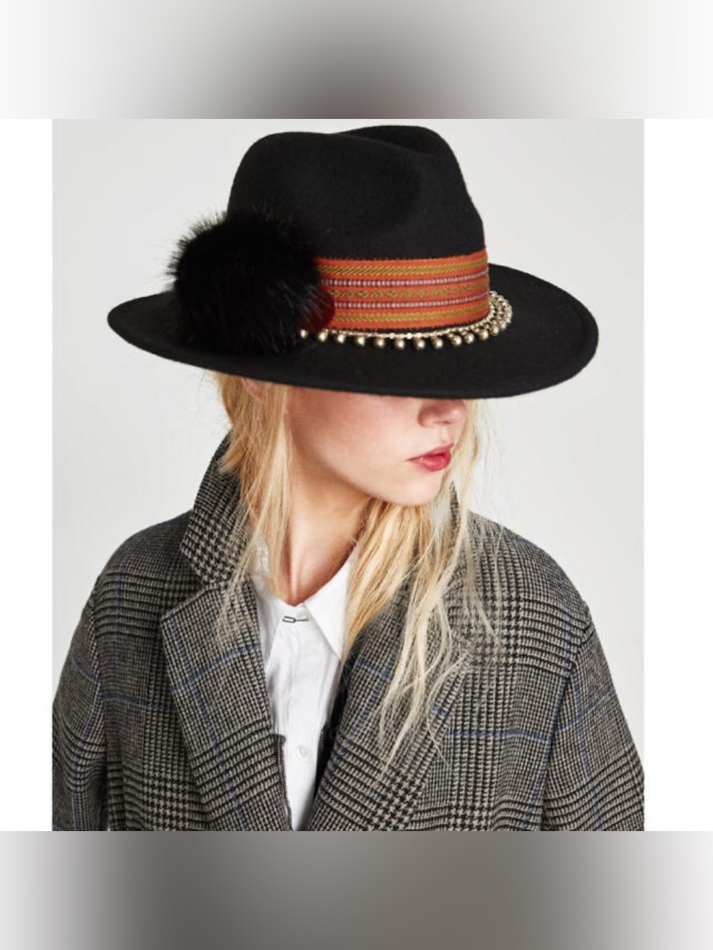 Zara Black Wool Hat with Orange Trim, Gold Bead Chain and Black Pom